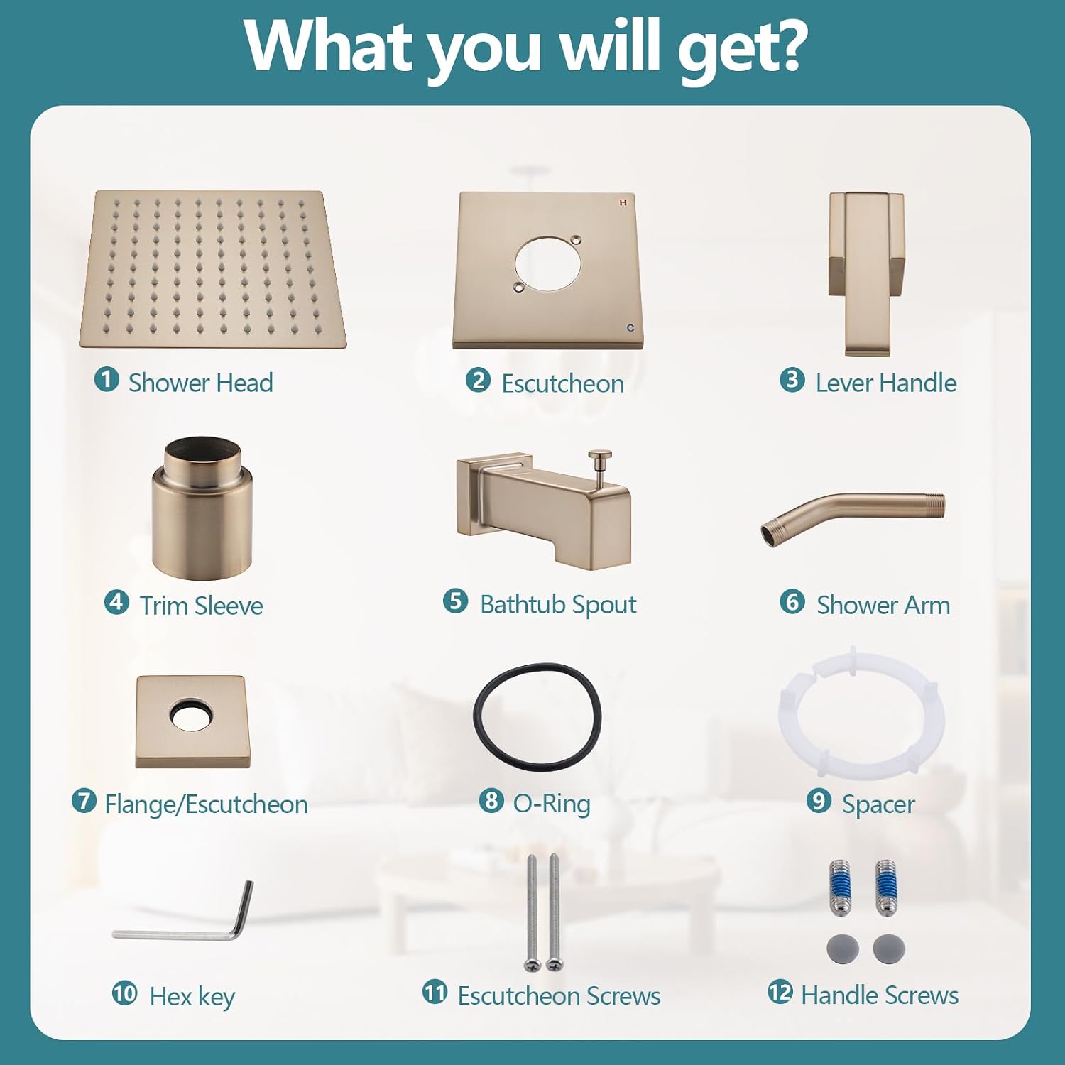 8' Rain Shower Faucet Compatible with Delta 13/14 Series Tub Trim Kit, High Pressure Square Rain Shower Head& Handle Set (Valve& Catridge Not Inclued) (With Tub Spout, Champagne Gold)