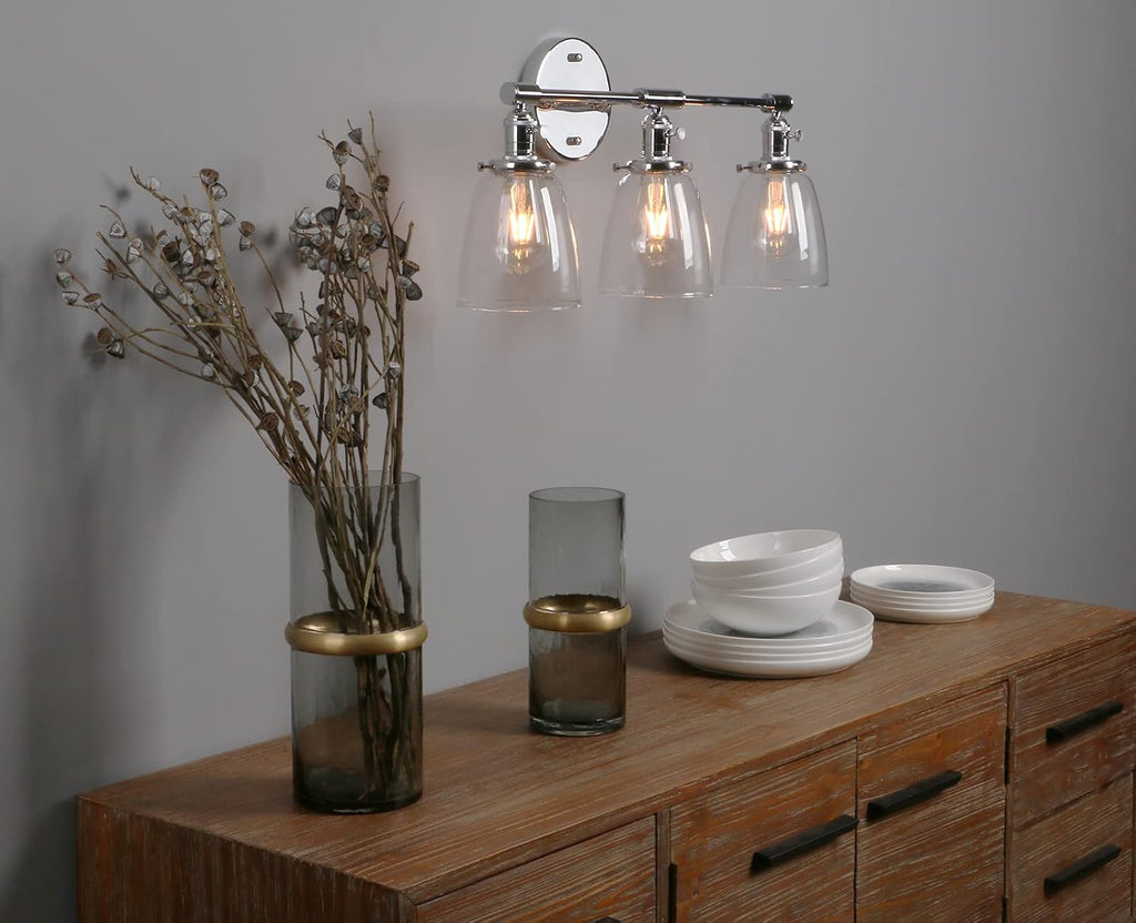 Phansthy 3-Light Wall Sconces Antique Brass Vanity Light, Industrial Wall Lamps with On Off Switch and Clear Glass Lampshade, Vintage Wall Lighting for Bathroom Living Room (Chrome, Bell Shade)