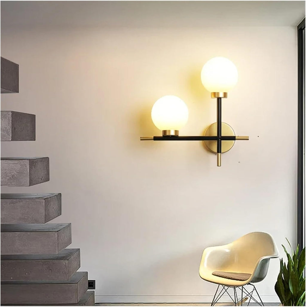 2 Light Nordic Minimalist Golden Wrought Iron Wall Fitting,with Frosted Glass Globe Shades Black Lighting Metal Fixture, for Living Room, Bedroom, Hallway(Right)