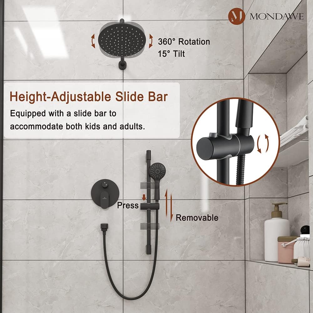MONDAWE 9 Inch Wall Mounted Shower Faucet Set in Matte Black, Rainfall Shower Head with 3-Setting Handheld Spray Shower Set Combo, High Pressure Shower System with Solid Brass Valve