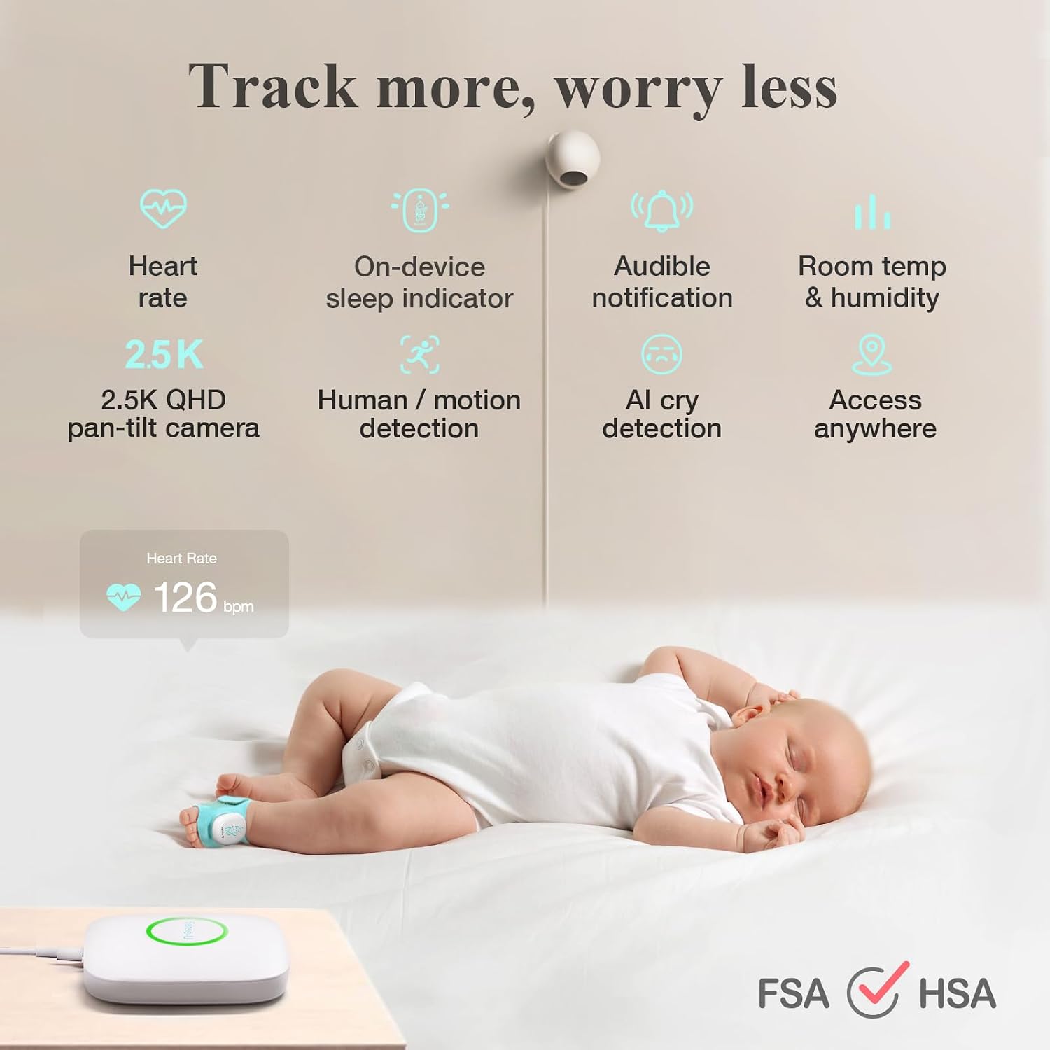 Sense-U Smart Baby Sock Monitor and 2.5K PTZ Camera, Tracks Heart Rate, Sleep Trends & Movement Anytime Anywhere, Video Monitor