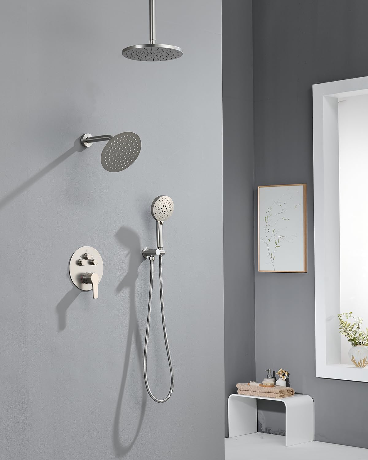 Iriber Shower System with handheld, bathroom Round Dual Shower Heads Faucet Set with Push Button Diverter, Brushed Nickel Shower Mixer Valve Trim Kit (Valve Included)