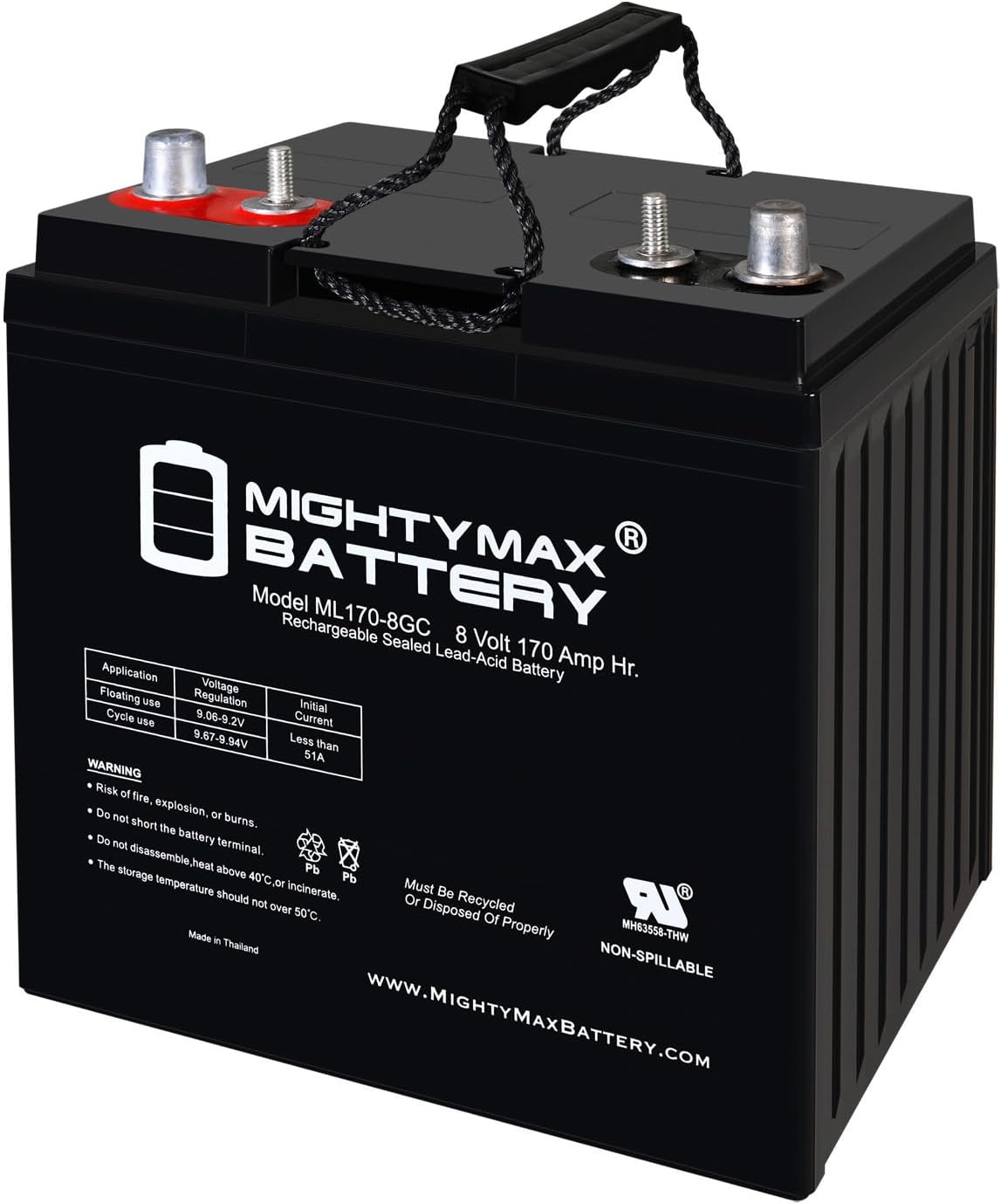 Mighty Max Battery Mighty Max Battery ML170-8GC - 8 Volt 170 AH, Dual Terminal, Rechargeable SLA AGM Battery For Golf Cart