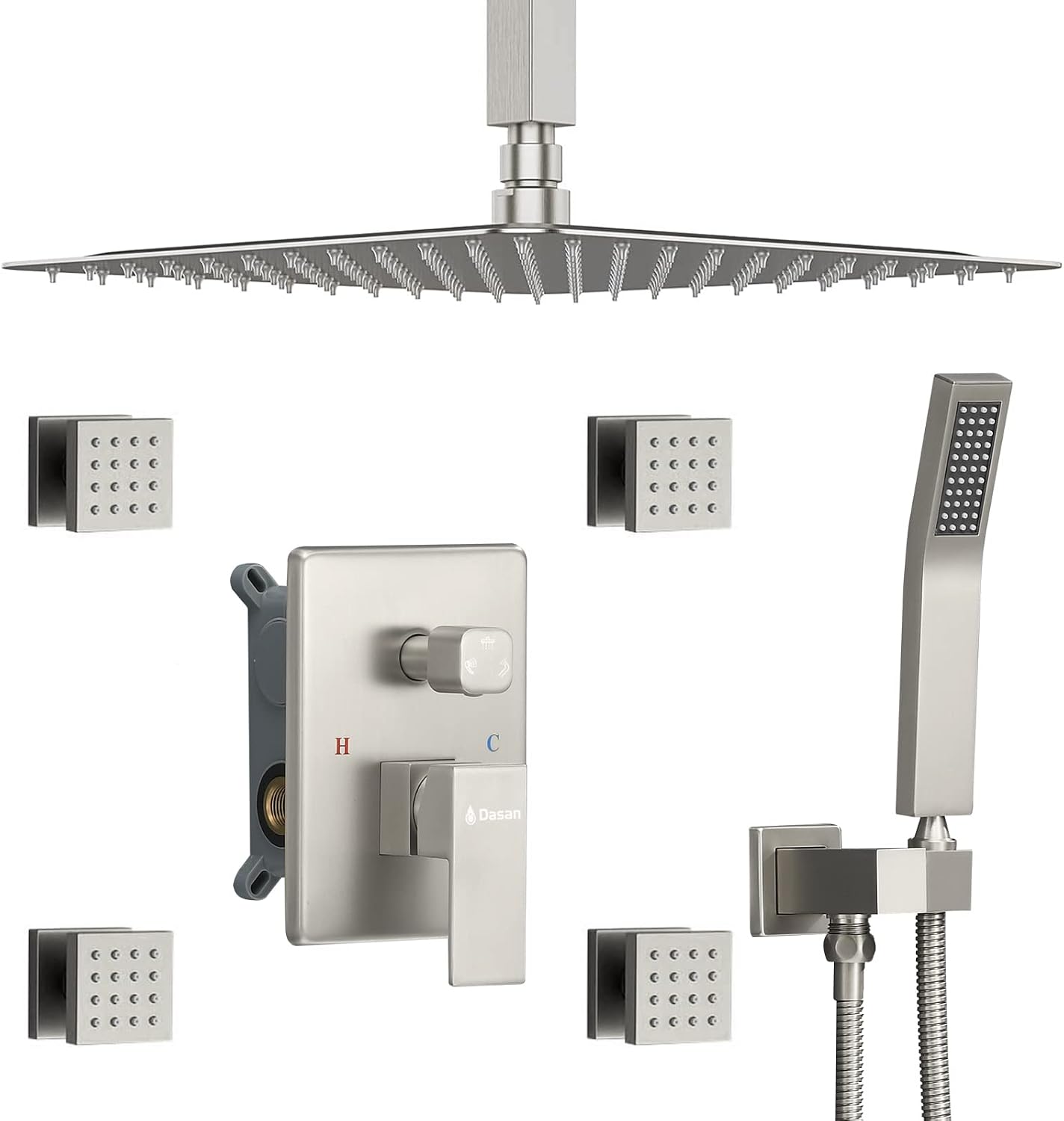 Brushed Nickel Shower System with 4 PCS Shower Body Spray Jets & 12'' Ceiling Shower Head & Handheld Spray, DASAN Full Body Shower Faucet System with Jets Rainfall Shower Combo Set, SA-SS03BBN-S12C