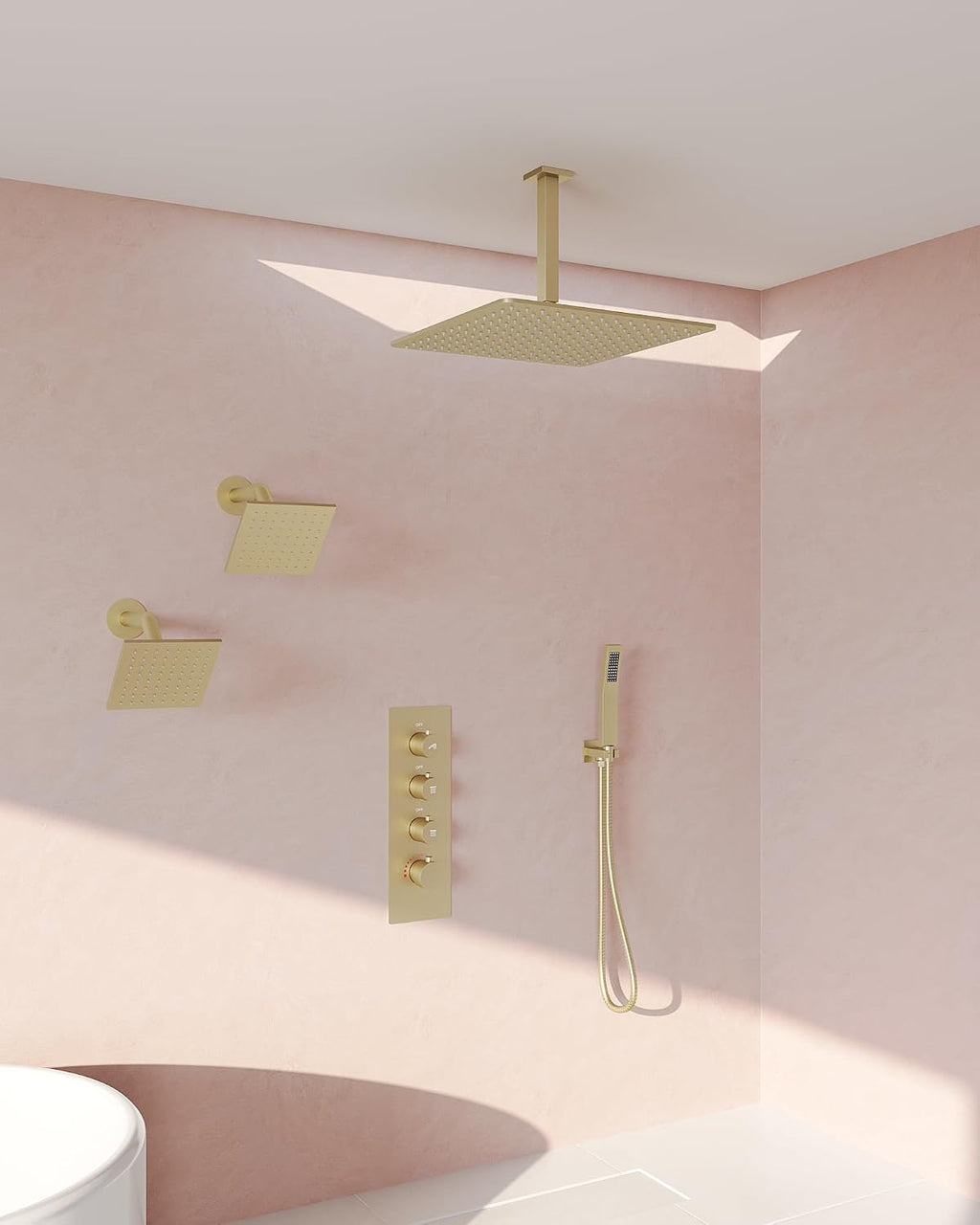 Thermostatic Shower System, 16' Ceiling Mount Rainfall shower Head with Double 6' Shower Head, Brushed Gold