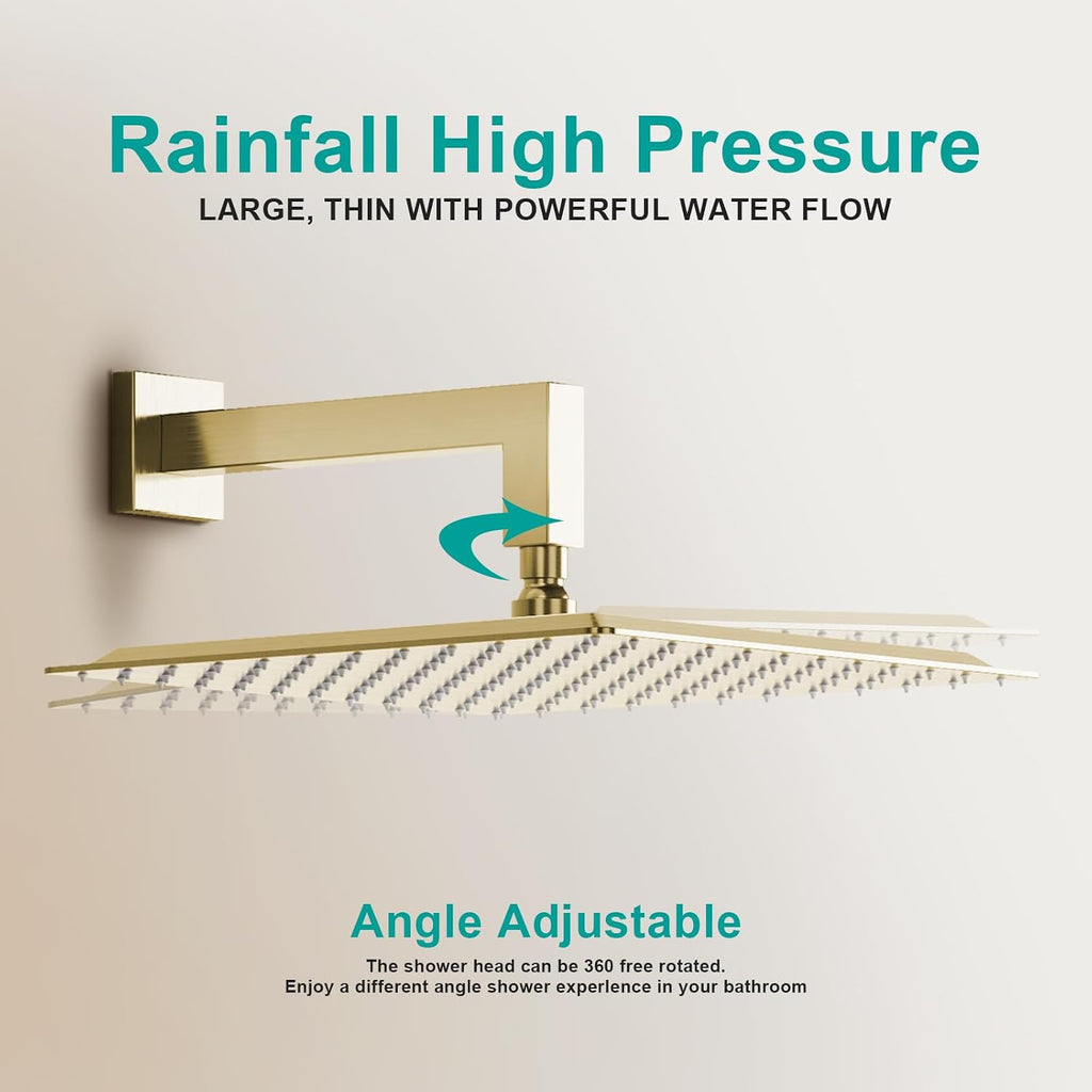 Square Rain Shower Head, High Flow Stainless Steel,Work with any decorative style，All Metal Rainfall Shower Head (Brushed Gold, 12)