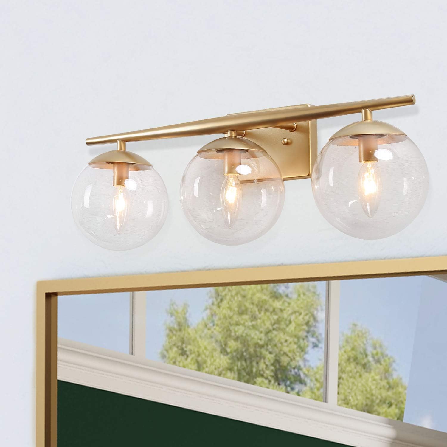 KSANA Gold Vanity Light,3 Modern Bathroom Fixture with Clear Globe Glass Shades and Taper Arm