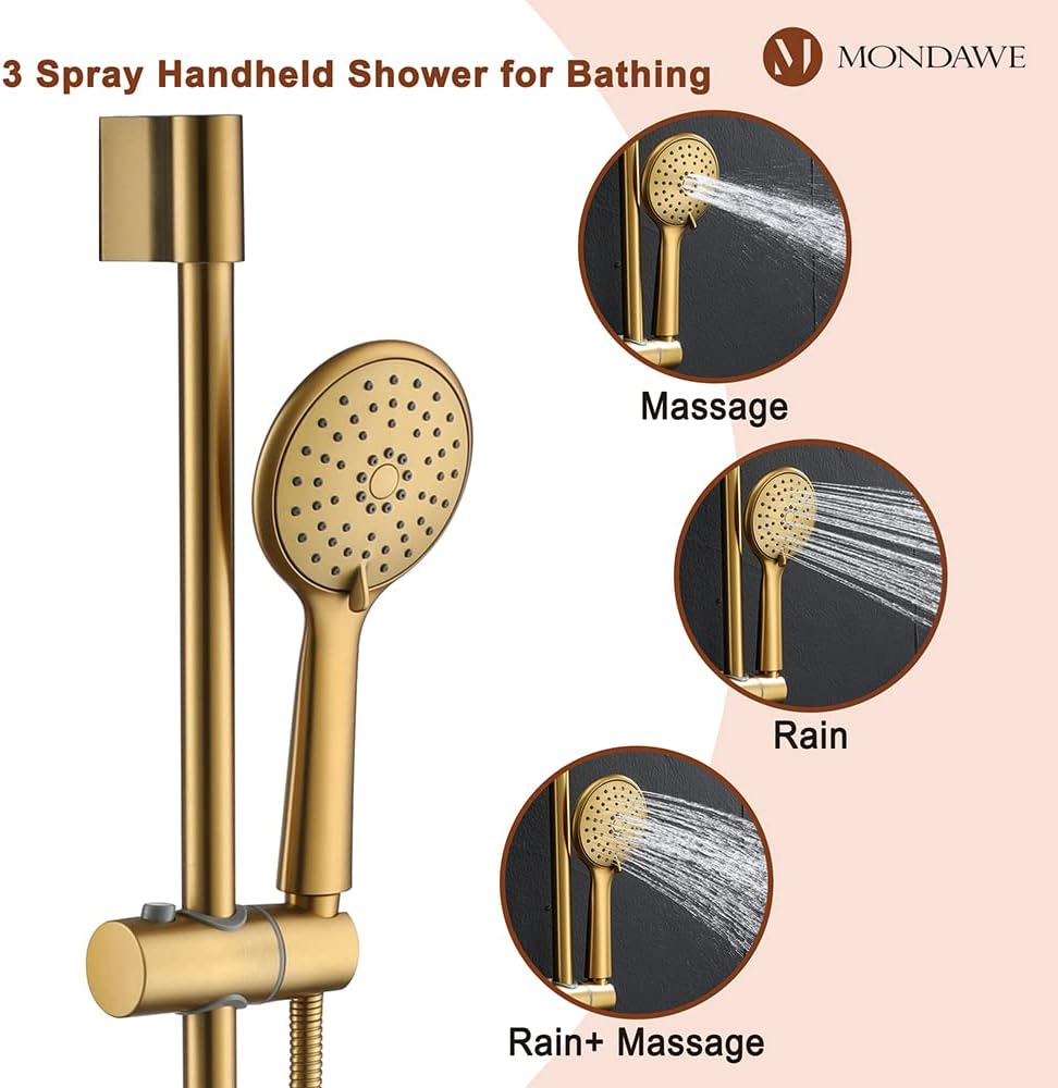 MONDAWE 9 Inch Wall Mounted Shower Faucet Set in Brushed Gold, Rainfall Shower Head with 3-Setting Handheld Spray Shower Set Combo, High Pressure Shower System with Solid Brass Valve