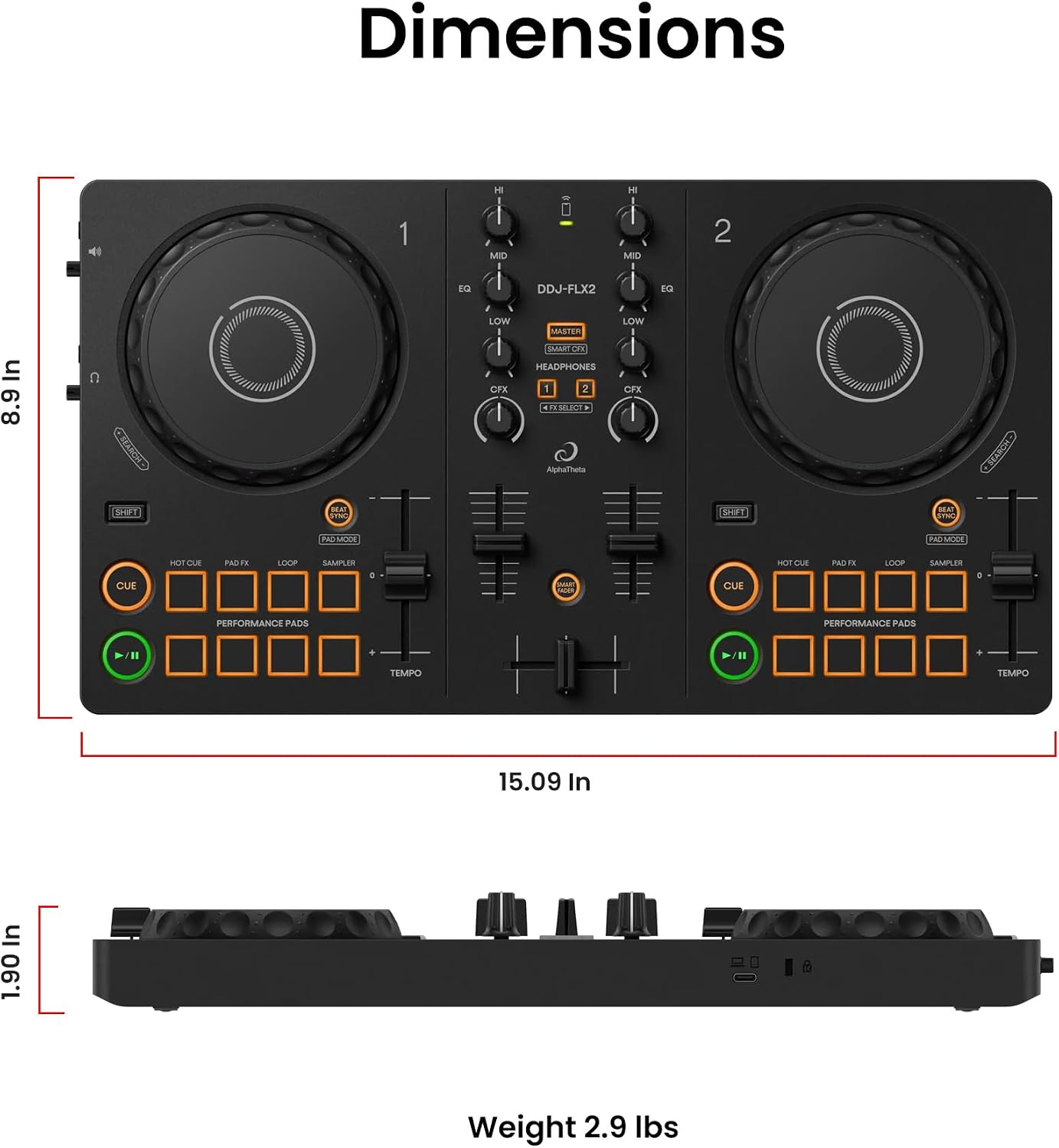 Pioneer DJ AlphaTheta DDJ-FLX2 Compact 2-Channel DJ Controller Bundle with Carrying Case, Instrument Cable, and Austin Bazaar Polishing Cloth