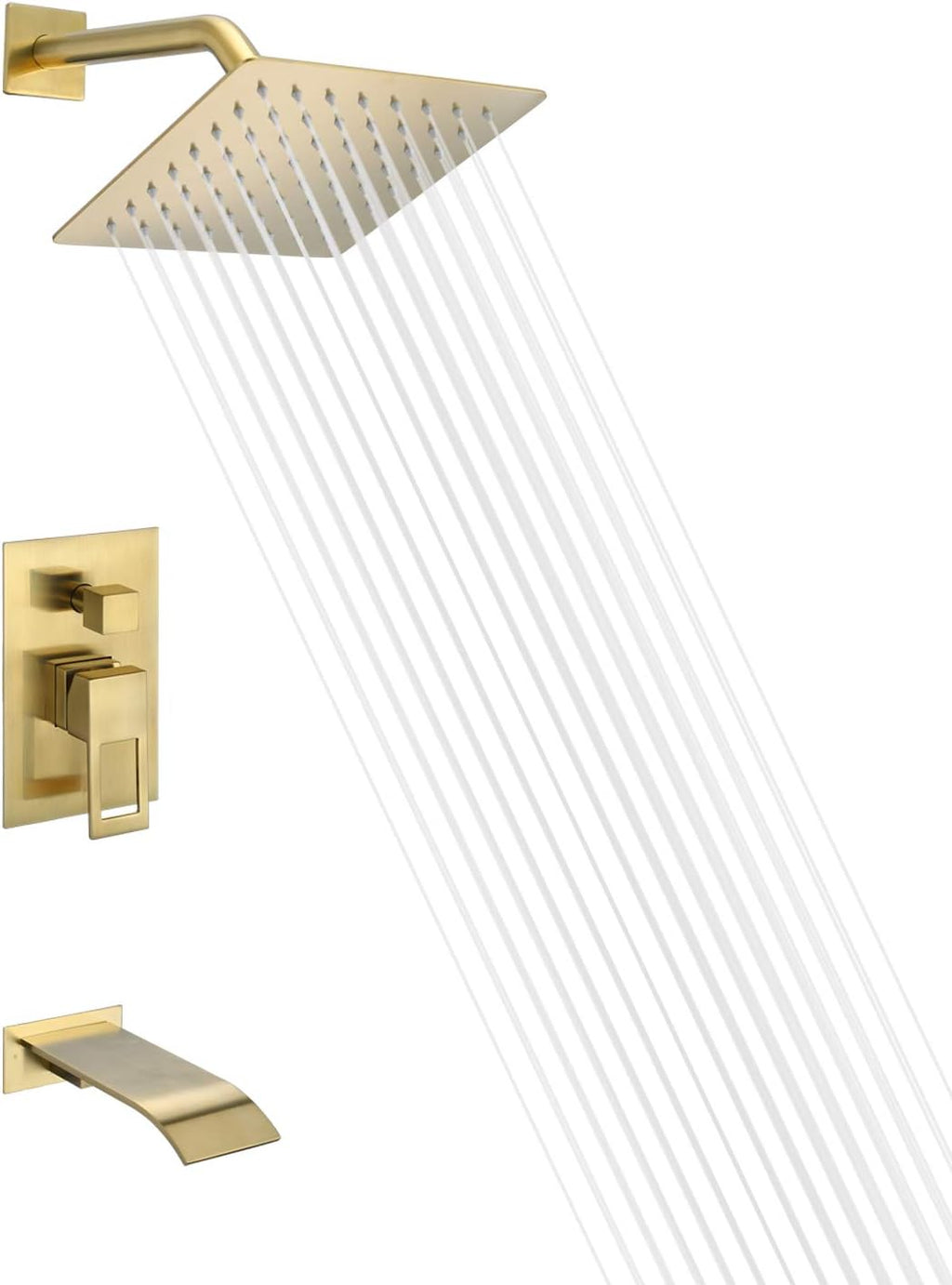 sumerain Wall Mount Tub and Shower Faucet Set Brushed Gold with 8 Inch Shower Head, Waterfall Tub Spout and Anti-scalding Pressure Balance Valve