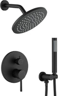 Shower System, Black Shower Faucet Set, 8' Rainfall Shower Head and Handheld Spray Combo, Round Shower Head and Handle Set with Valve and Trim Kit, Matte Black