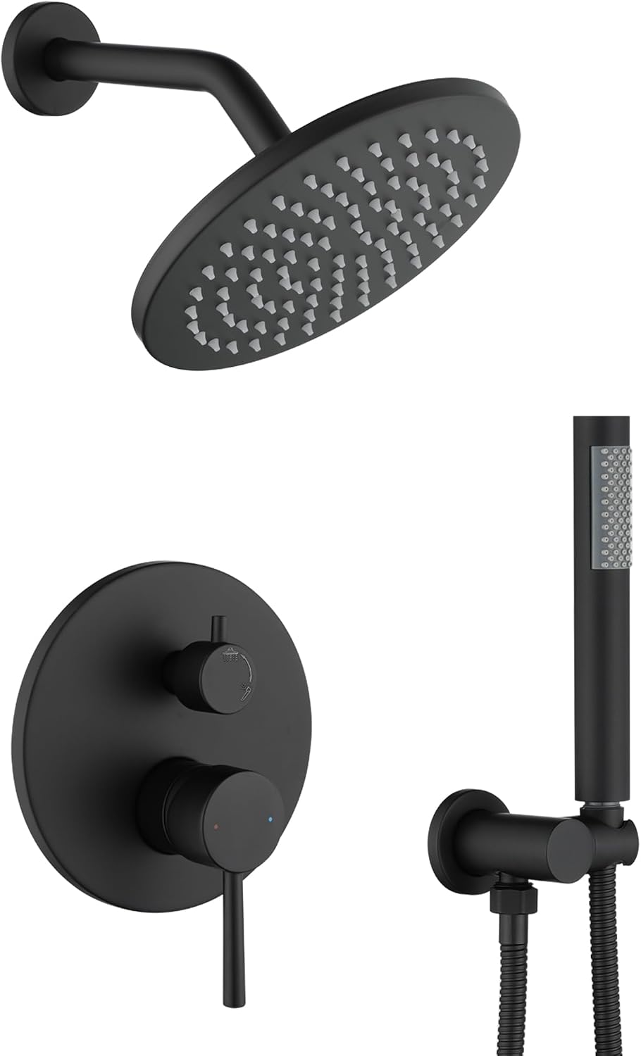 Shower System, Black Shower Faucet Set, 8' Rainfall Shower Head and Handheld Spray Combo, Round Shower Head and Handle Set with Valve and Trim Kit, Matte Black