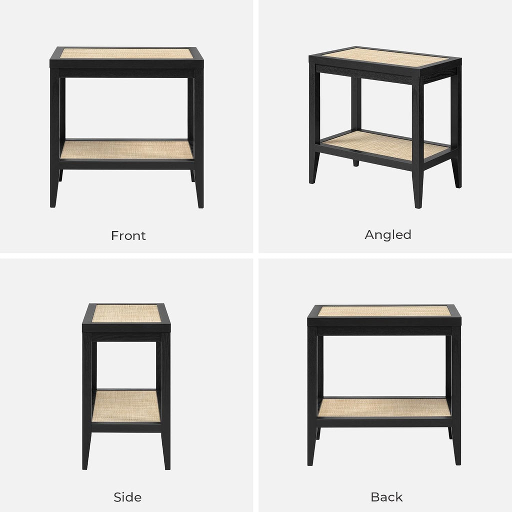 SICOTAS Rattan Nightstand Bedside Table - Farmhouse Boho Narrow Accent End Table with 2 Open Rattan Shelves for Bedroom, Living Room, Small Spaces - Black Oak