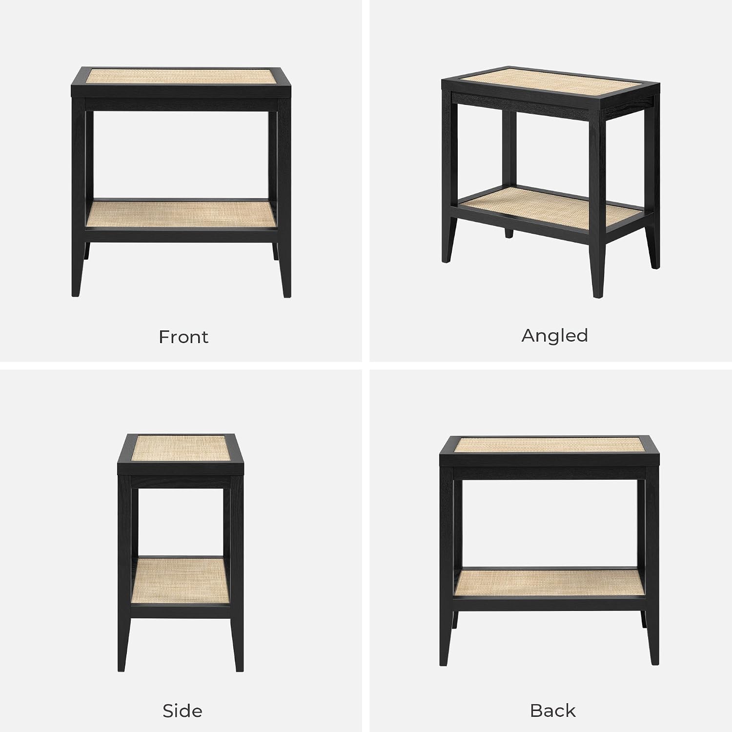 SICOTAS Rattan Nightstand Bedside Table - Farmhouse Boho Narrow Accent End Table with 2 Open Rattan Shelves for Bedroom, Living Room, Small Spaces - Black Oak