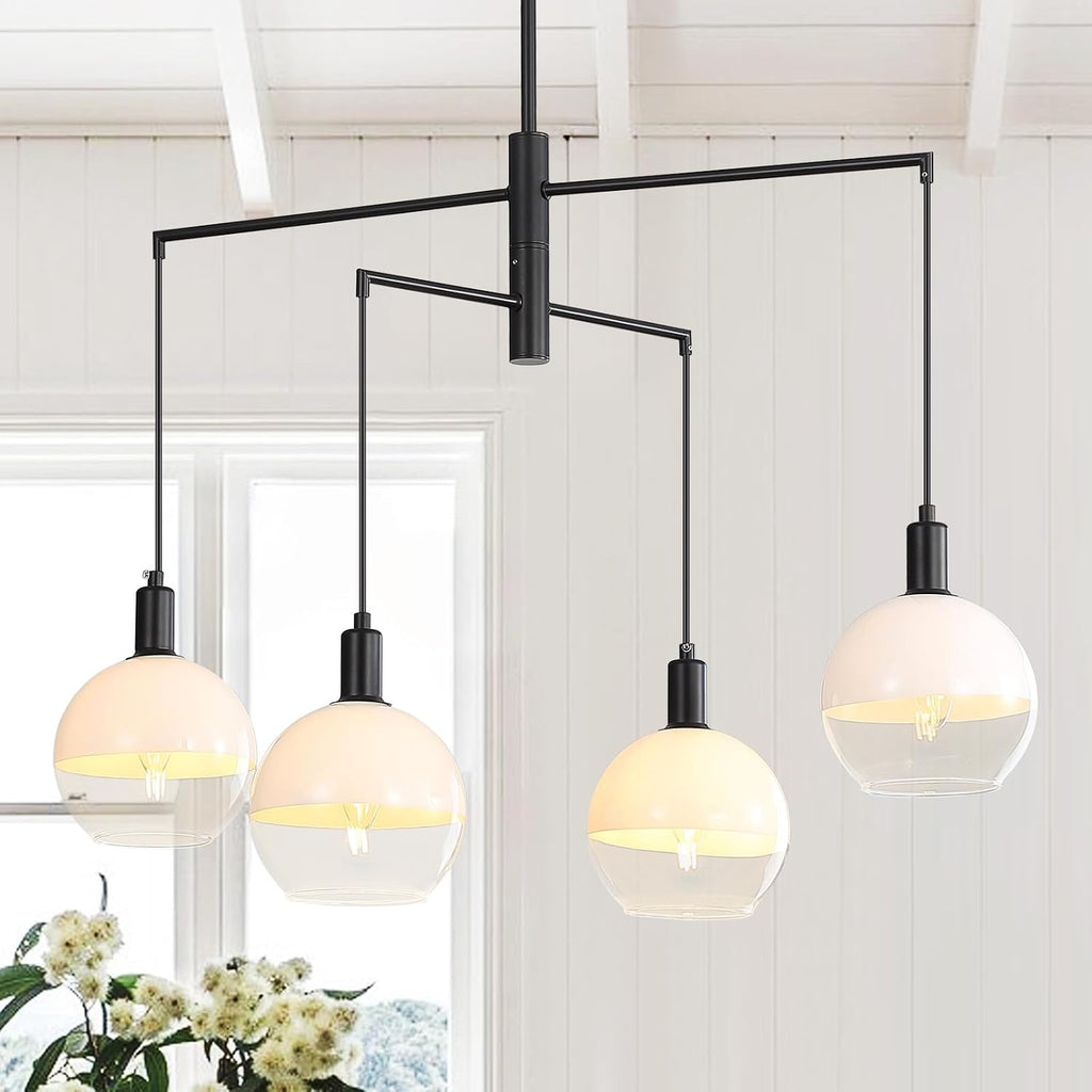 GlowHub Modern Black Chandelier with Milk White Glass Globe Shades 30' 4-Light Pendant Light Mid-Century Sputnik Chandelier Cluster Hanging Light Fixture for Dining Room Entryway Kitchen
