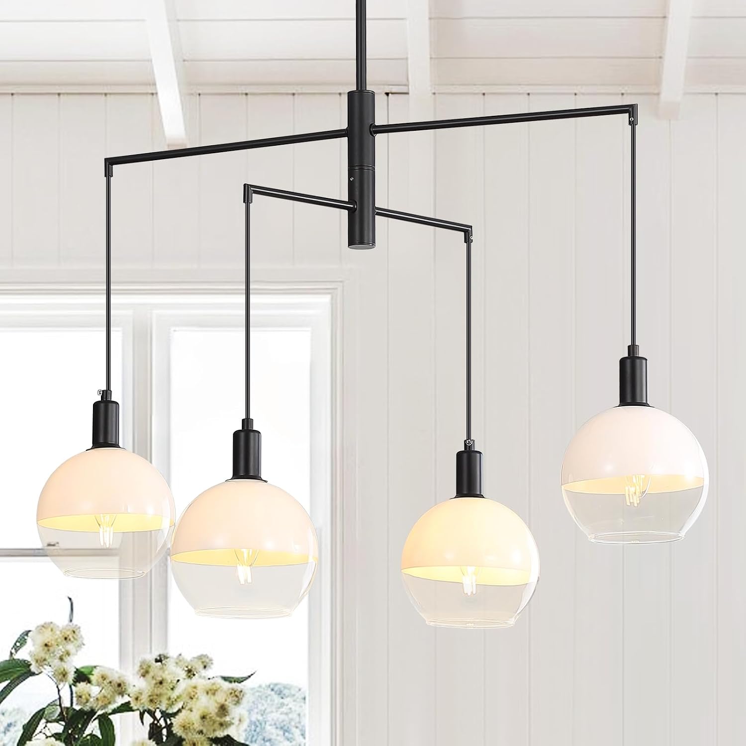 GlowHub Modern Black Chandelier with Milk White Glass Globe Shades 30' 4-Light Pendant Light Mid-Century Sputnik Chandelier Cluster Hanging Light Fixture for Dining Room Entryway Kitchen