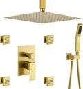 Rain Shower System With Complete 4 Pcs Body Sprays Jets And Pressured Balance Rough-in Valve,12Inch Rainfall Shower Head And Handheld, Modern Brushed Gold Ceiling Mount Shower Faucet Sets