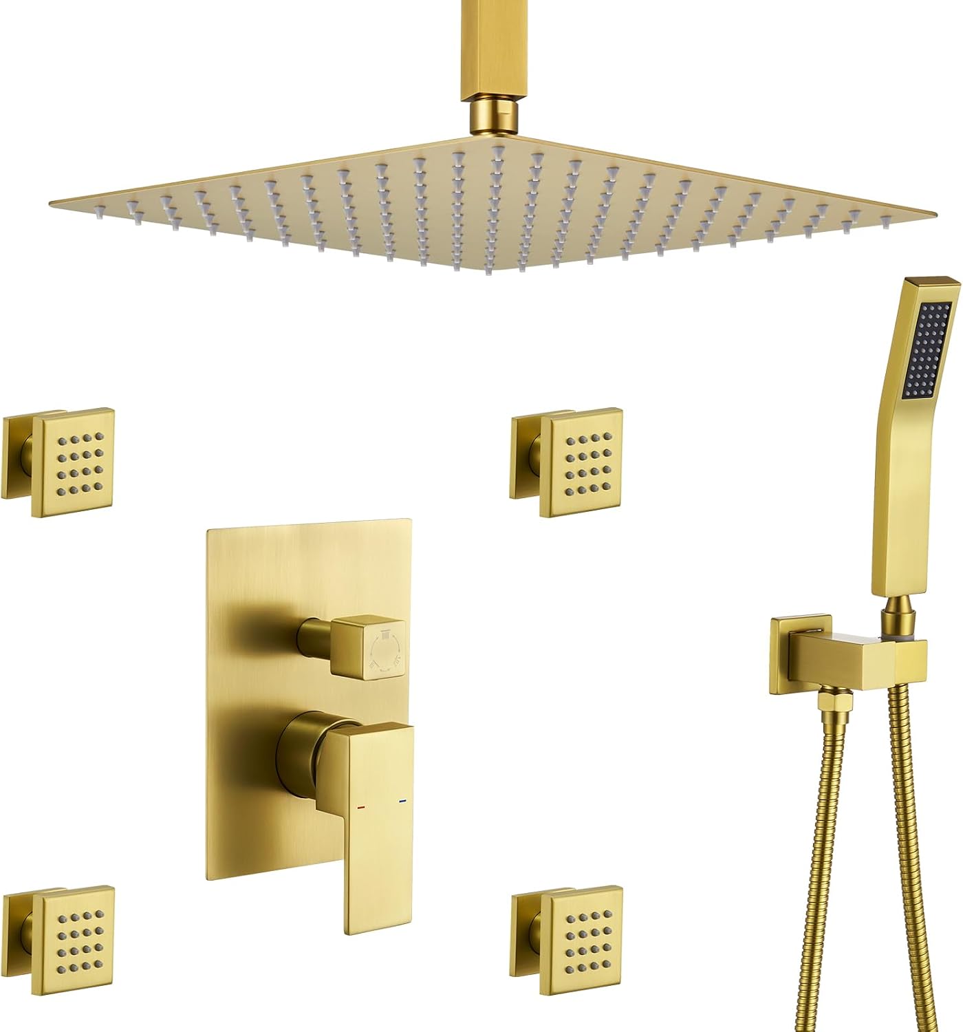 Rain Shower System With Complete 4 Pcs Body Sprays Jets And Pressured Balance Rough-in Valve,12Inch Rainfall Shower Head And Handheld, Modern Brushed Gold Ceiling Mount Shower Faucet Sets