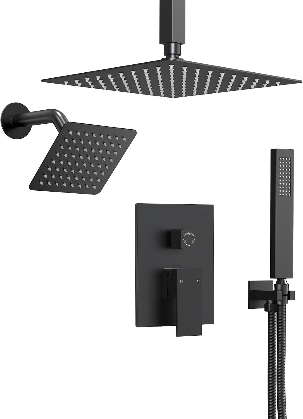 10' High-Pressure Rainfall Shower Faucet, Celling Mount Dual Shower Head System, Matte Black
