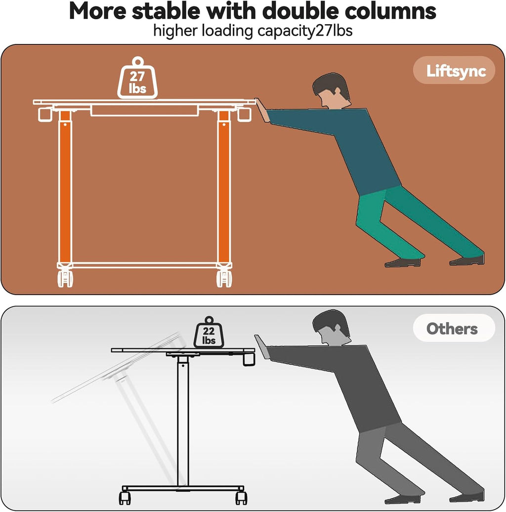 Mobile Standing Desk, 35inch Small Rolling Table with Drawer, Height Adjustable Sit Stand Workstation, Black Portable Laptop Cart with Hidden Wheels or Lockable Casters