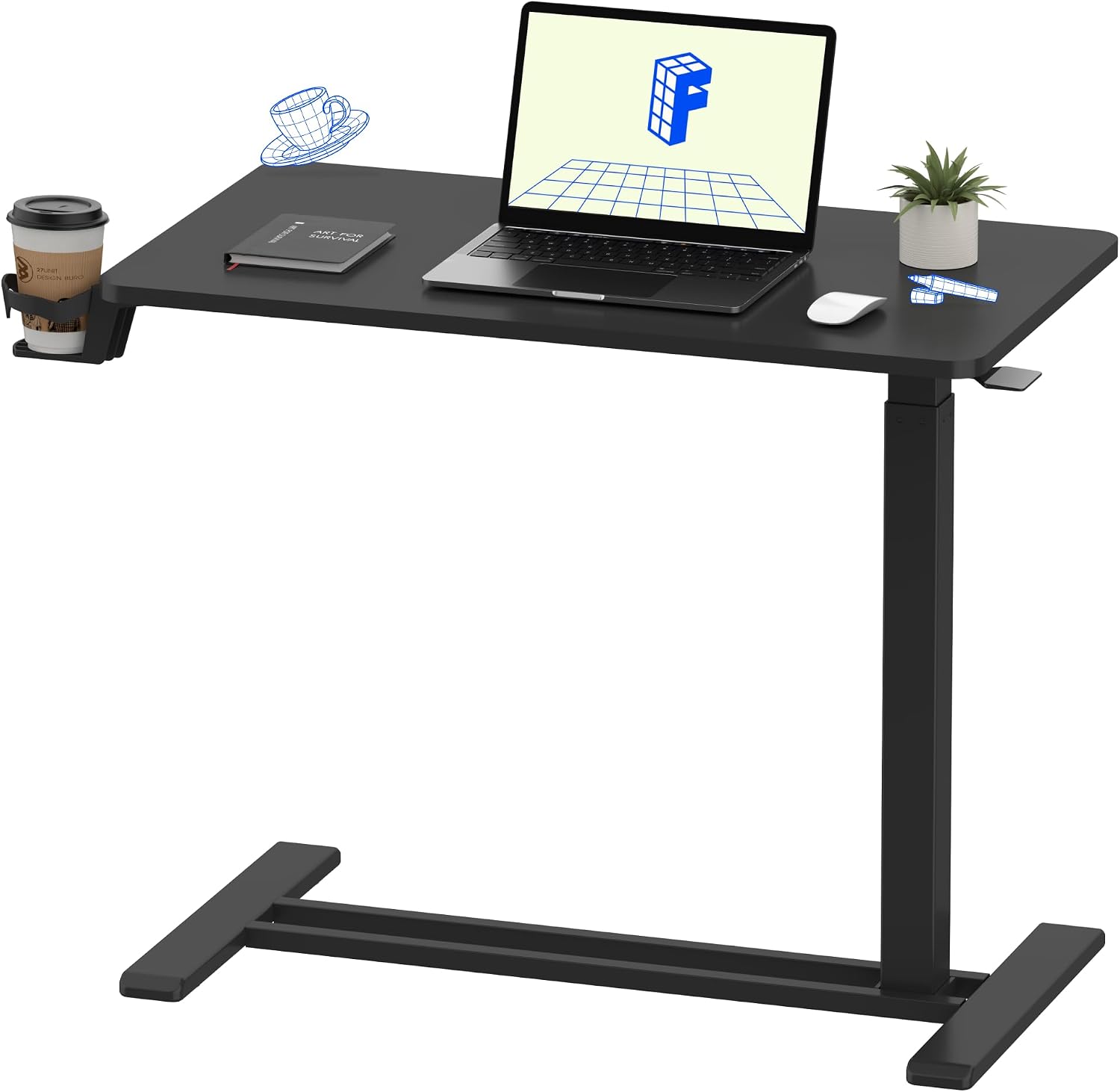 FLEXISPOT H7 Adjustable Overbed Bedside Table with Wheels Pneumatic Mobile Standing Desk Laptop Desk Rolling Computer Cart Movable Overbed Table Hospital Home Use(31.5' W x 17.7' D, Black Large)