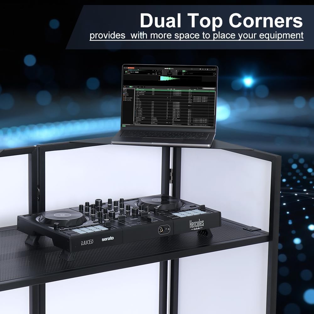 Kokorona Portable DJ Booth 20'x42.5'x45.3' with Dual Top Corners, DJ Facade Booth with Cable Hole, DJ Table Stand with Light Strip and Remote Control, Metal Frame + Black & White Scrims + Carry Bag