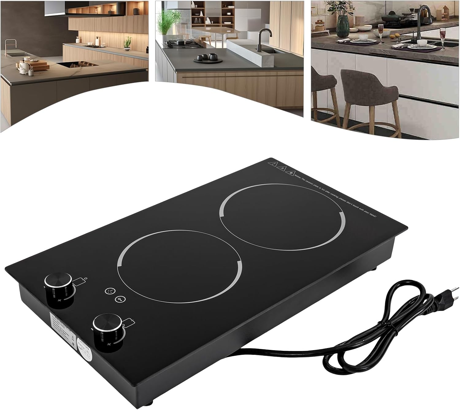 Electric Cooktop, Double-burner Ceramic Electric Hob, 2100W Induction Cooktop Portable Electric Stove, Temperature Controls, Stainless Steel Hot Plate for Kitchens, Cabins, Offices, Studios