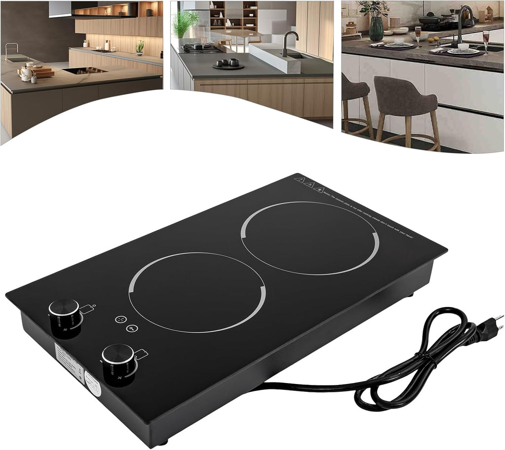 Induction Cooker 2-Head 2100W Touch-Control 9 Power Gears Electric Cooktop Adjustable Temperature & Timer Setting Countertop & Built-In Ceramic Cooker For Kitchens