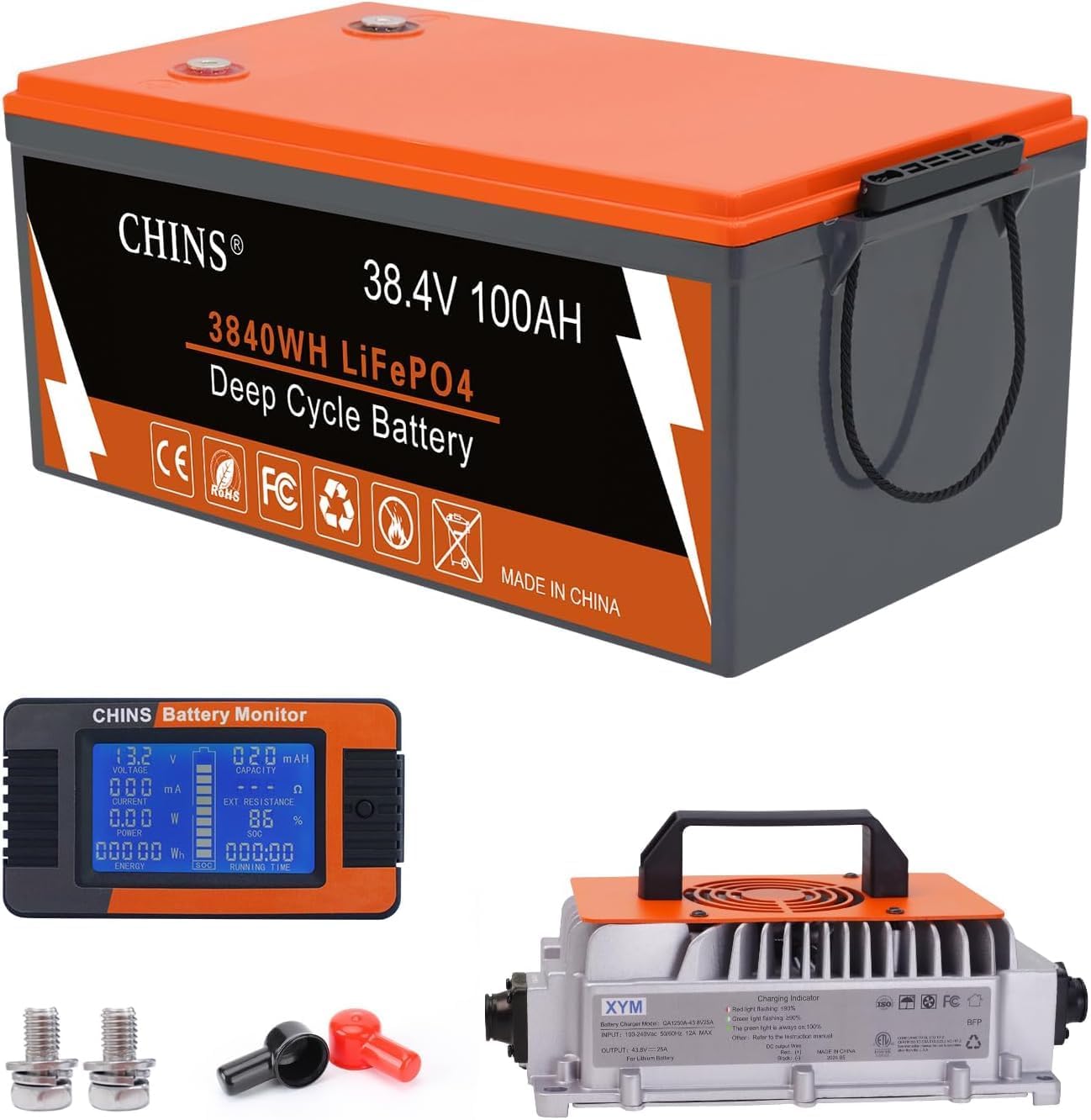 CHINS 36V Golf Cart Bluetooth LiFePO4 Battery, with 200A BMS, includes 36V 25A Lithium Charger and Monitor, 1000A Peak Current Perfect for Golf Cart, Trolling Motor etc