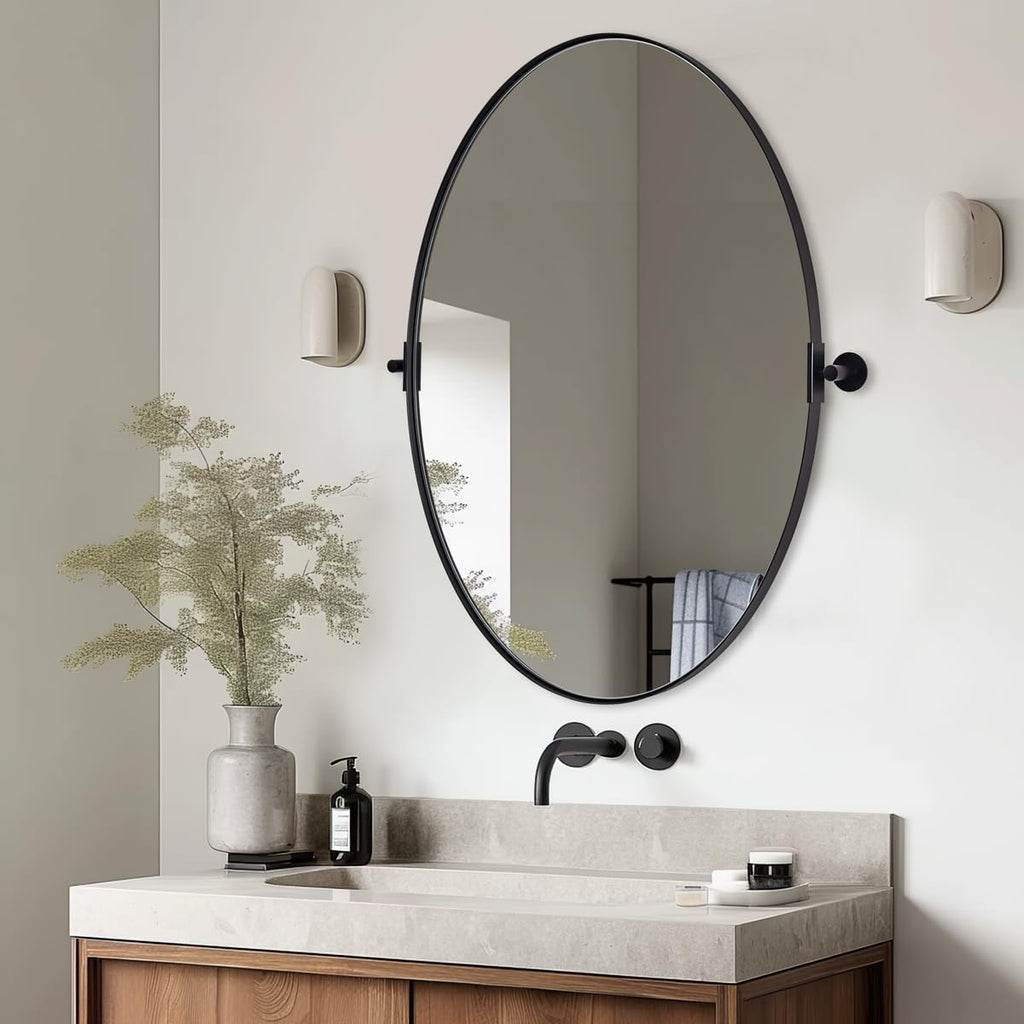 MOON MIRROR Black Pivot Mirror, Wall Mirror for Bathroom 24x36'', Oval Black Vanity Mirror, Oval Pivot Bathroom Mirror, Tilting Bathroom Pivoting Mirror for Wall Mounted (Overall 27.75' x 36')
