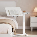 Solid Wood Overbed Bedside Table with Wheels, Tilting Adjustable Hospital Bed Table Over The Bed, Medical Mobile Laptop Stand, Rolling Standing Desk for Hospital and Home Use(White)