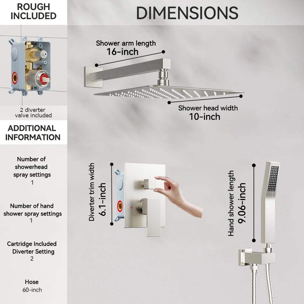 Shower System Shower Faucet Set, STARBATH 10' Wall Mount Rain Shower Head and Handheld Spray for Two Person, Rainfall Shower System with Diverter Valve and Trim Kit Complete,Brushed Nickel