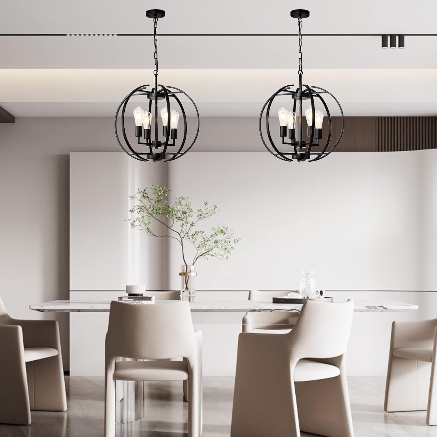 Large Lantern Globe Black Chandelier Lighting, Farmhouse Chandelier Adjustable Pendant Lighting Fixtures Hanging Ceiling 4 Light for Kitchen, Dining Room, Living Room, Hallway