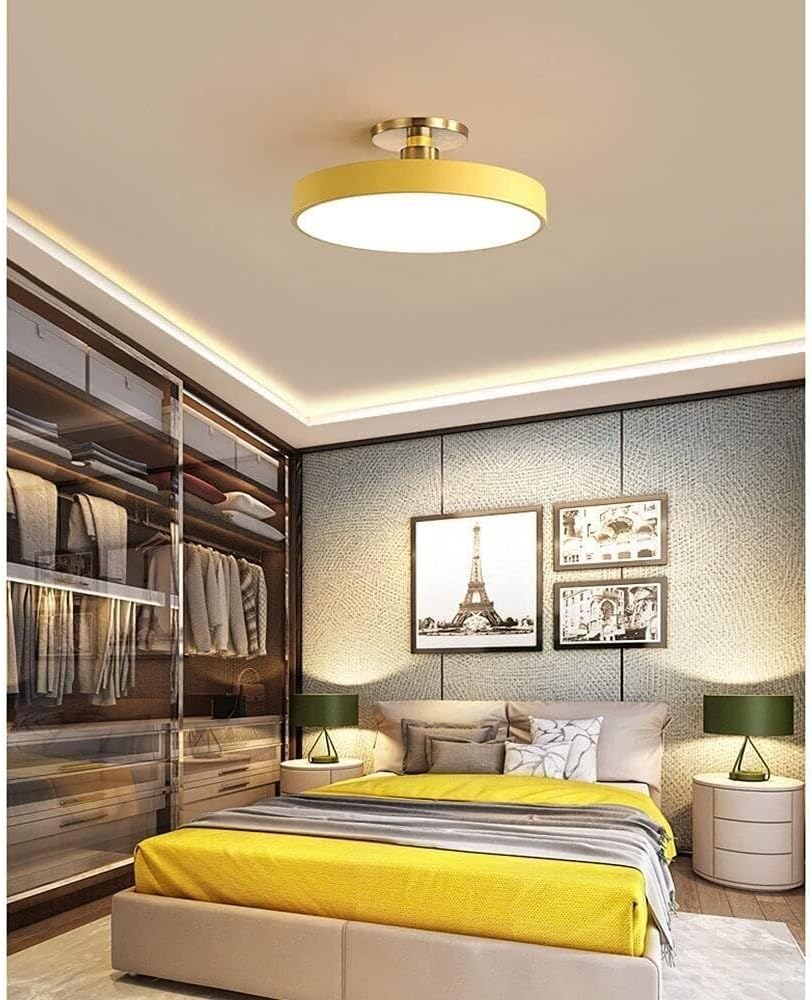 Semi Flush Mount Ceiling Light Modern Wrought Iron Ceiling Light Fixture Macaron Round LED Ceiling Lamp for Living Room Bedroom Dining Room Kitchen Study Room Corridor Chandelier(Yellow,30cm)