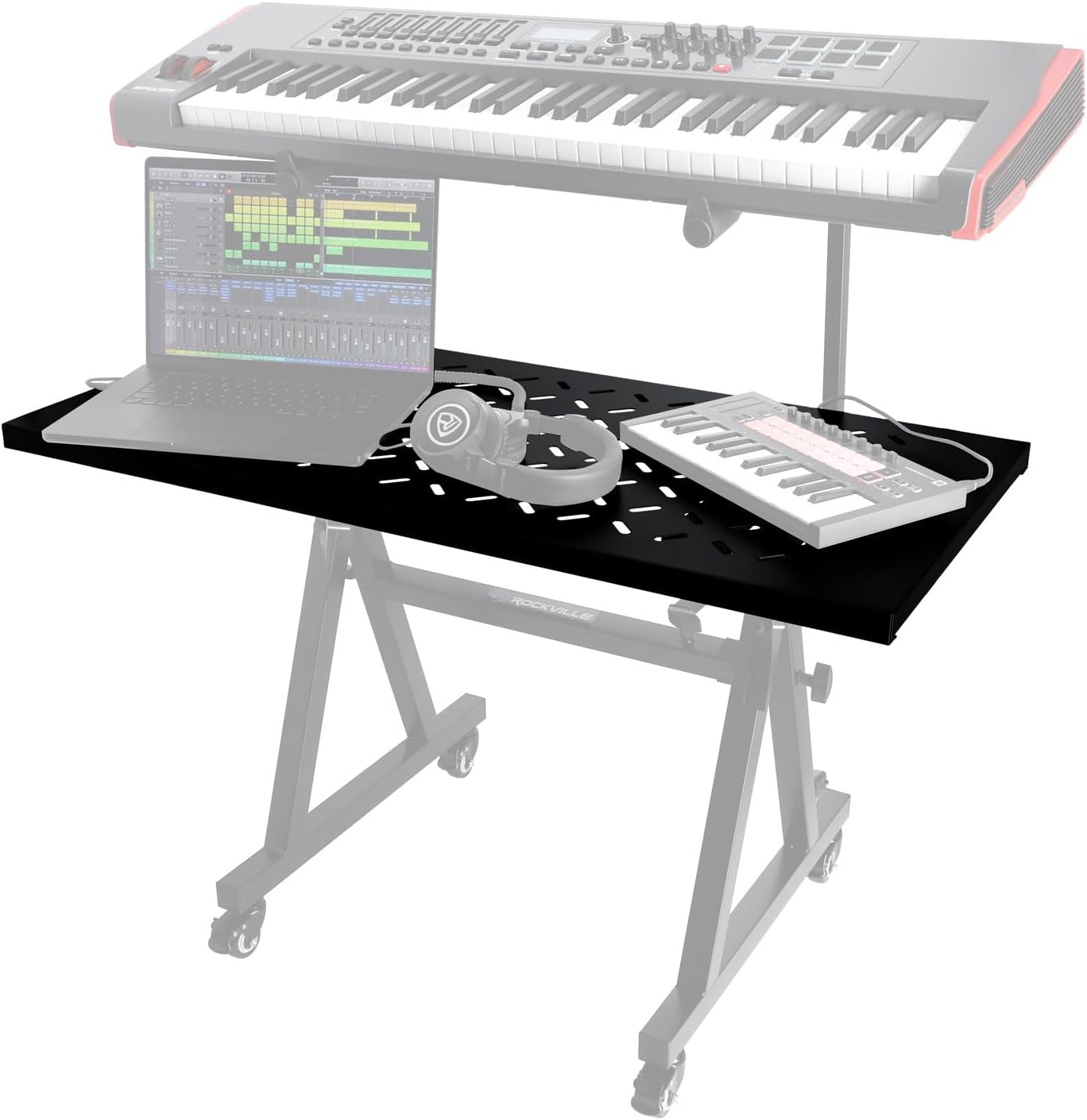 Rockville Bundle: RKS42X 2-Tier X-Stand Keyboard or DJ Stand w Quick Release Mechanism! Bundle with KS2 Shelf For Z-Stand or X-Stand - Turns Keyboard Stands Into DJ Table (2 Items)