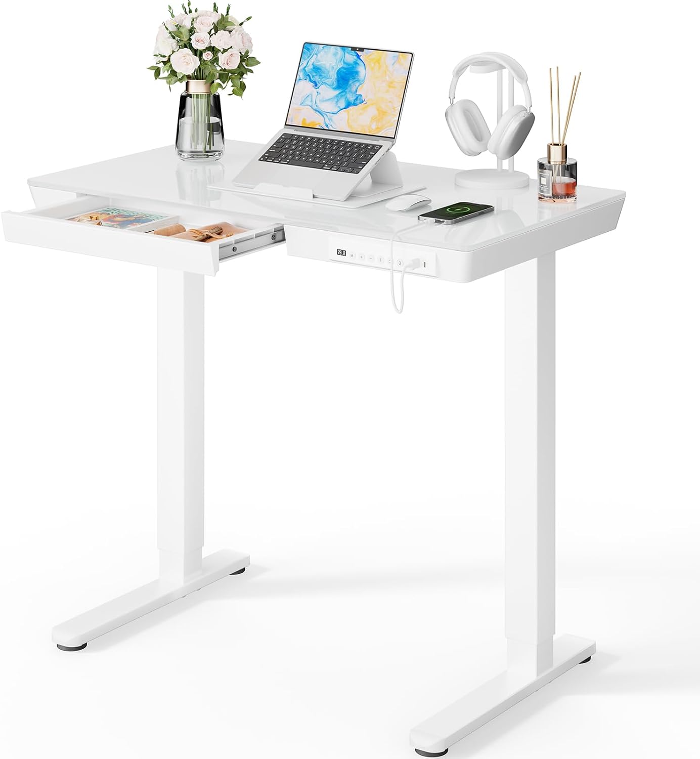 Marsail Glass Standing Desk with Drawer, 35 x 20 inch Electric Standing Desk, Height Adjustable Desk with One-Piece Tabletop & USB Charging Ports, Sit Stand Desk with Storage for Home & Office White