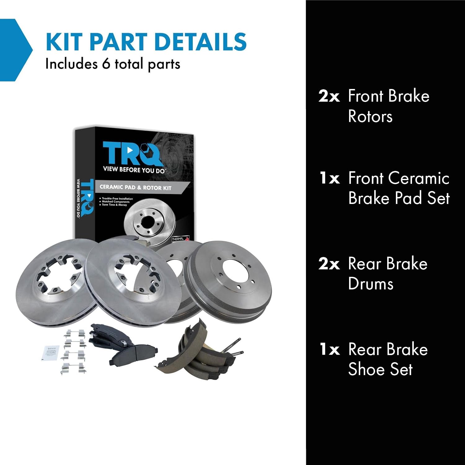 TRQ Front and Rear Brake Pad & Rotor, Shoe & Drum Kit compatible with Chevrolet GMC Isuzu