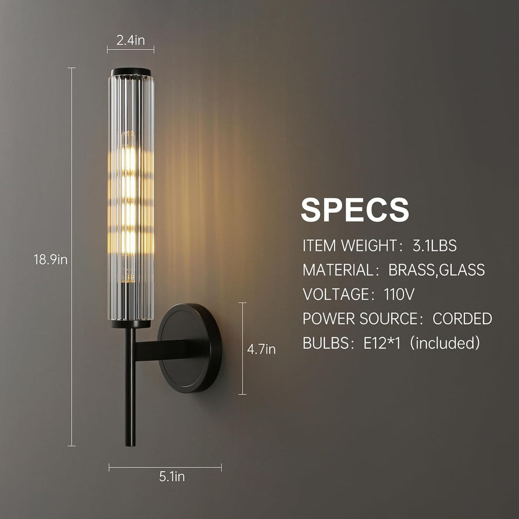 Black Wall Sconce 18.9in Grooved Patterned Glass Tube Bathroom Vanity Wall Lights, Modern Oxidized Black Brass Wall Sconces for Living Room, Bedroom, Dining Room, Hallway, Staircase and Mirror