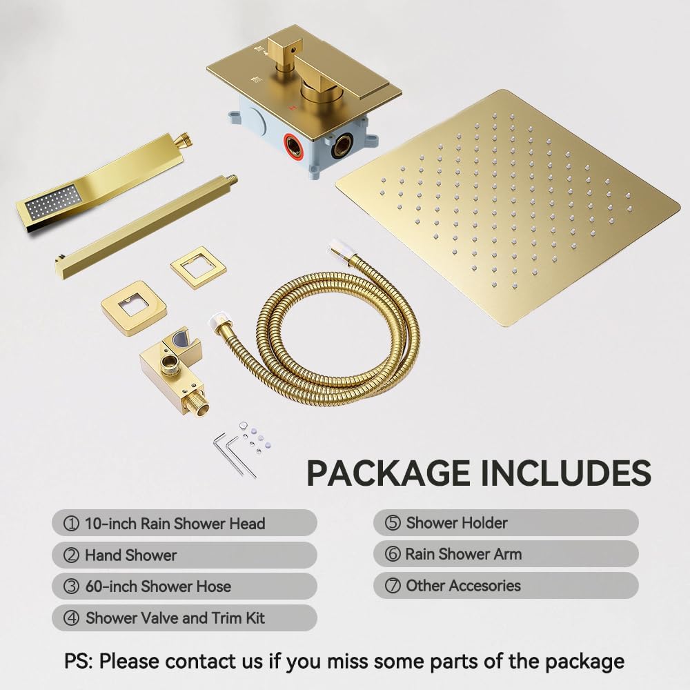 Shower System Shower Faucet Set, STARBATH 10' Wall Mount Rain Shower Head and Handheld Spray for Two Person, Rainfall Shower System with Diverter Valve and Trim Kit Complete,Brushed Gold