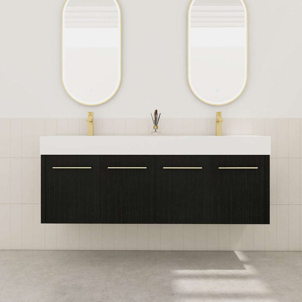 60' Black Wall Mounted Double Sink Vanity, High End Floating 4 Door Cabinet with Thicken Edge Resin Sink, 60 Inch Large Wood Vanity with Gold Handle