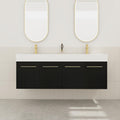 60' Black Wall Mounted Double Sink Vanity, High End Floating 4 Door Cabinet with Thicken Edge Resin Sink, 60 Inch Large Wood Vanity with Gold Handle