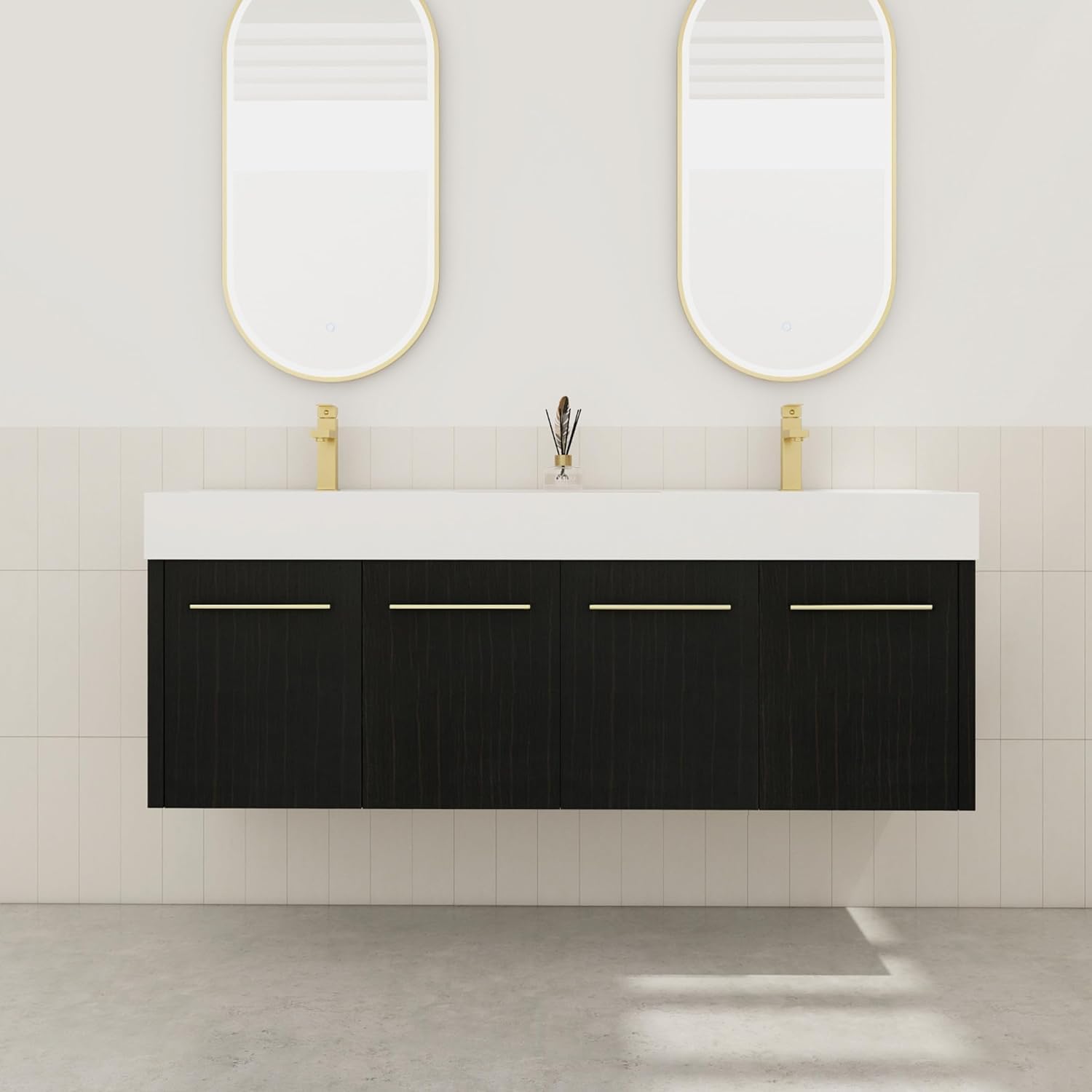 60' Black Wall Mounted Double Sink Vanity, High End Floating 4 Door Cabinet with Thicken Edge Resin Sink, 60 Inch Large Wood Vanity with Gold Handle