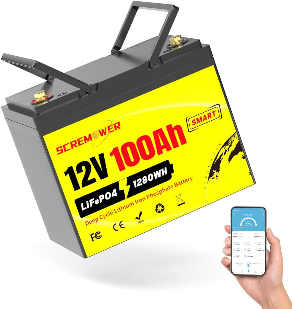 Bluetooth 12V 100Ah LiFePO4 Battery - Group 24 Deep Cycle Battery High Energy Density With Integrated 100A BMS Rechargeable Lithium Iron Phosphate Battery for RV, Trolling Motors, Solar System