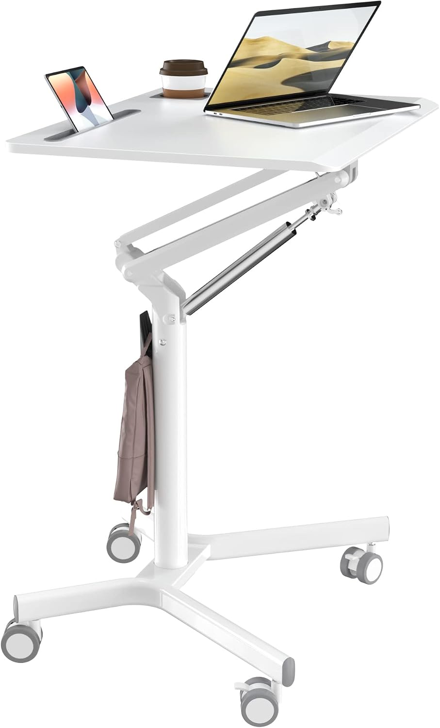 JOY worker Mobile Standing Desk, 28 inch Small Height Adjustable Rolling Laptop Desk, Portable Sit Stand Desk with Lockable Wheels, Ergonomic Desktop Table for Home Office, White