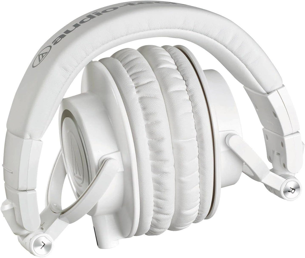 Audio Technica ATH-M50X White Professional Studio Monitor Headphones Wired Bundle with 3 Detachable Cables, 25ft Headphone Extension Cable, Adapter, Pouch and Instrument Polishing Cloth