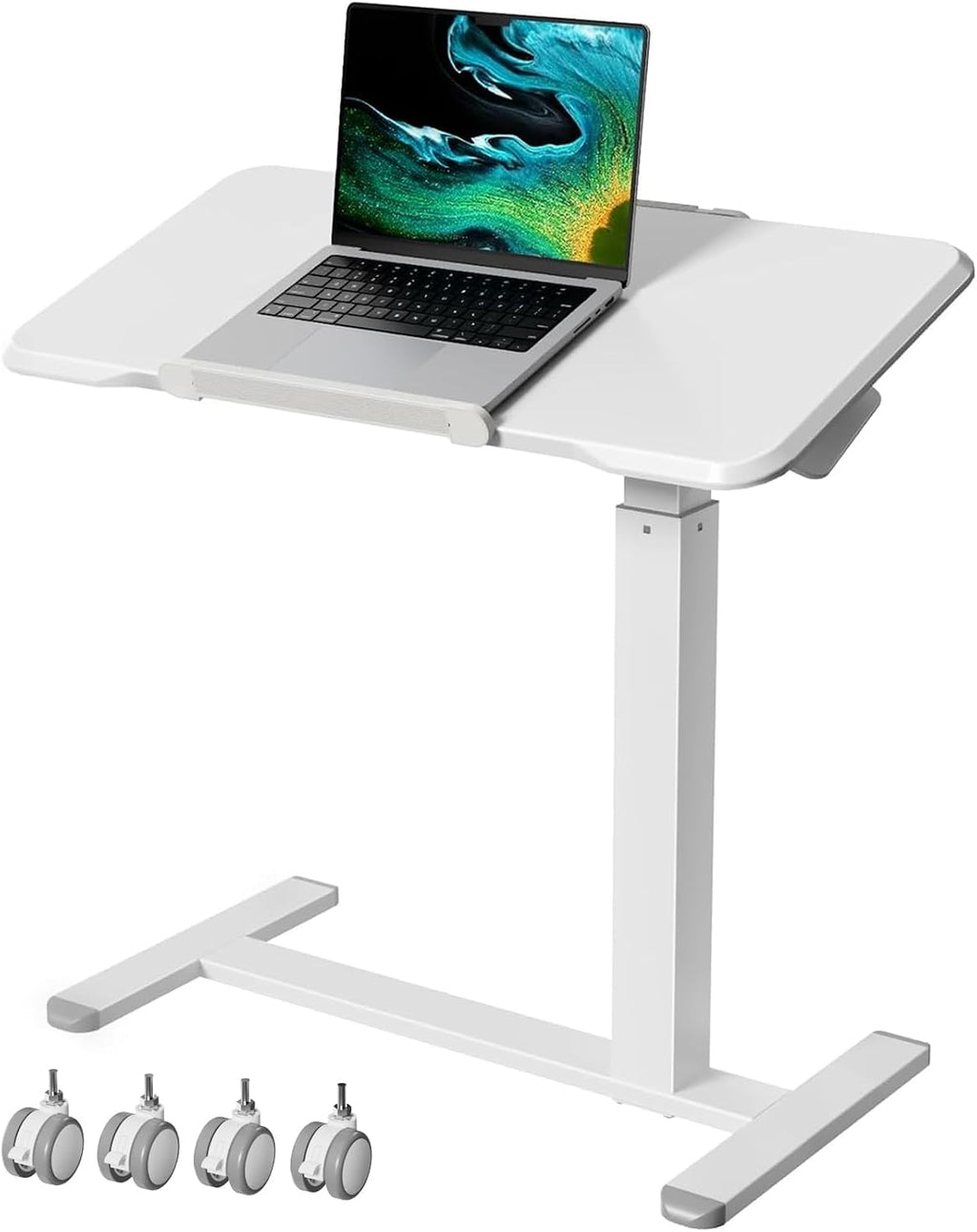 Gibbon Mounts 32inch Rolling Laptop Desk, 180° Tiltable Mobile Standing Desk Height Adjustable, Overbed Bedside Table, Portable Computer Desk with Lockable Wheels, Foldable Cart for Home Office, White