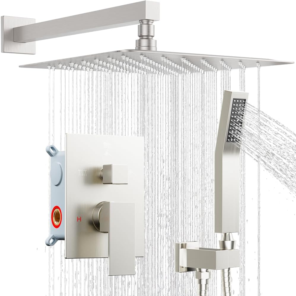 Shower System Shower Faucet Set, STARBATH 10' Wall Mount Rain Shower Head and Handheld Spray for Two Person, Rainfall Shower System with Diverter Valve and Trim Kit Complete,Brushed Nickel