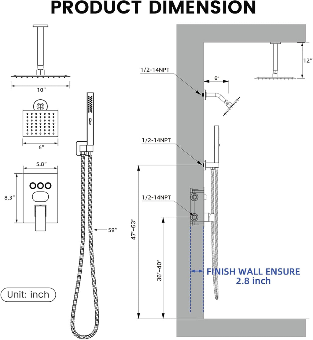 Push Button Diverter Shower Faucet Set Hydro Power Temperature Display, Shower System Ceiling Mounted 10' & Wall Mounted 6' Shower Head with 3-Spary Handheld, Matte Black