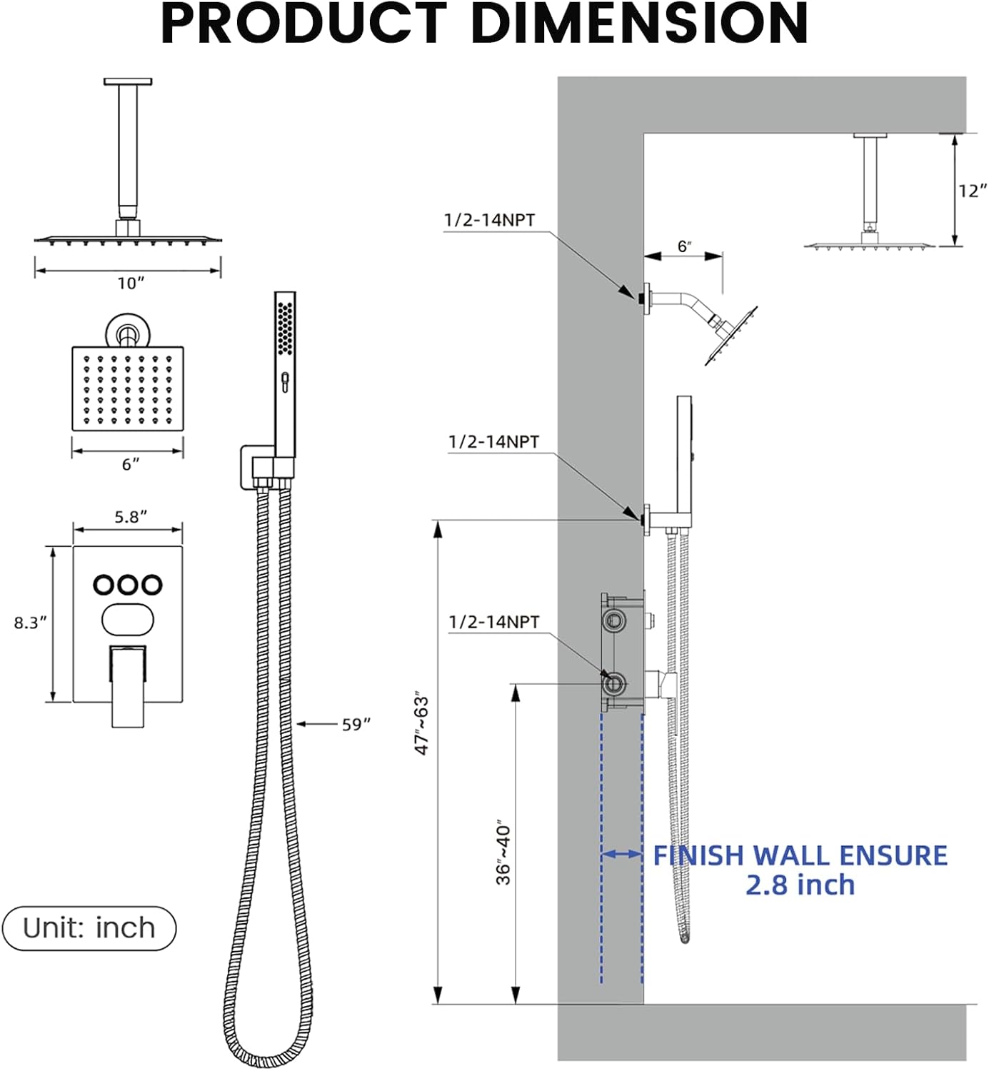 Push Button Diverter Shower Faucet Set Hydro Power Temperature Display, Shower System Ceiling Mounted 10' & Wall Mounted 6' Shower Head with 3-Spary Handheld, Matte Black