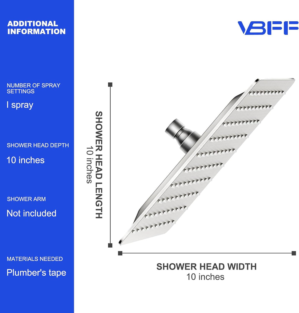 VBFF-Shower Head,rain shower head, 10 inch- Square Shower Head, 1.8 GPM Flow Rate, rainfall showerhead,VBFF08 (Brushed Nickel)